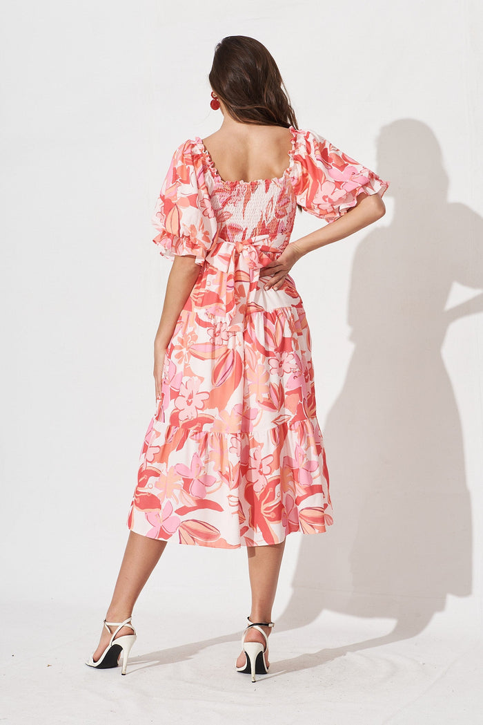 Katana Midi Dress In Pink With Red Floral - back