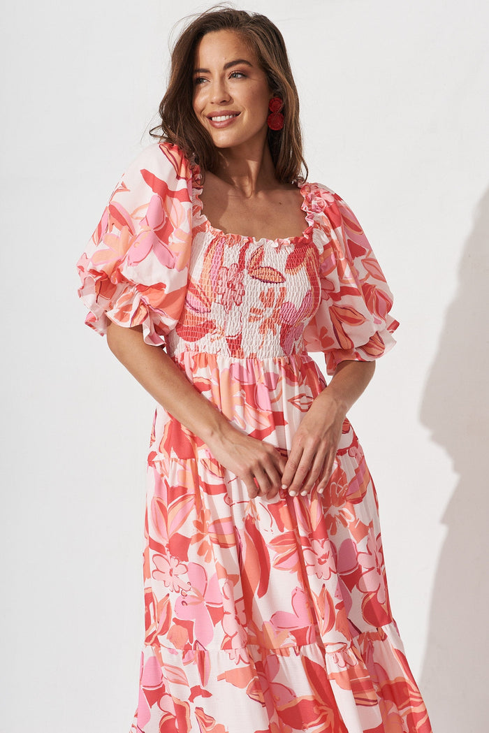 Katana Midi Dress In Pink With Red Floral - front