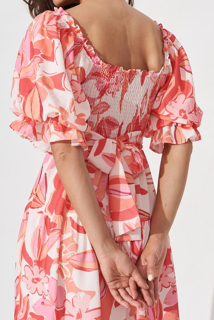 Katana Midi Dress In Pink With Red Floral - detail