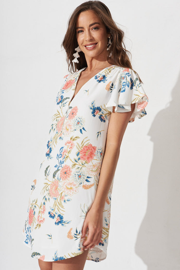 Torie Dress In White With Blush Floral - front