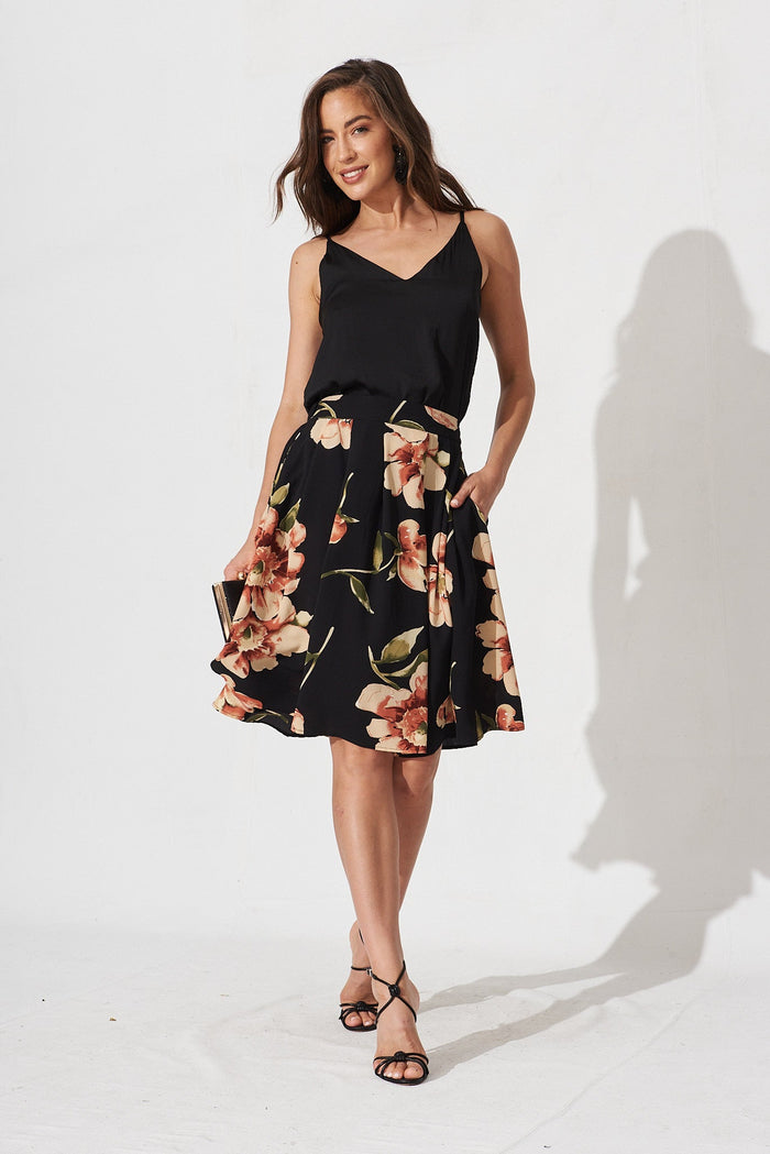 Babe Skirt In Black With Blush Floral Bubble Crepe - full length