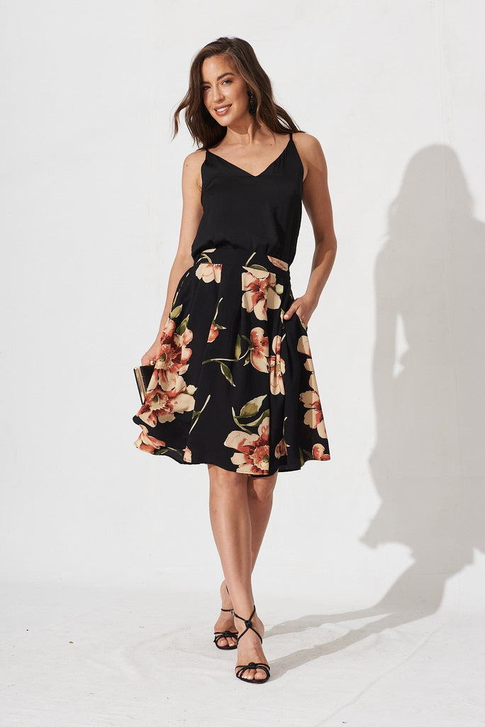 Babe Skirt In Black With Blush Floral Bubble Crepe - full length