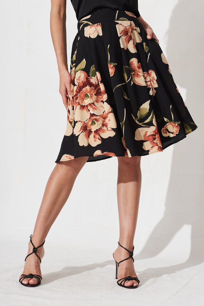 Babe Skirt In Black With Blush Floral Bubble Crepe - front