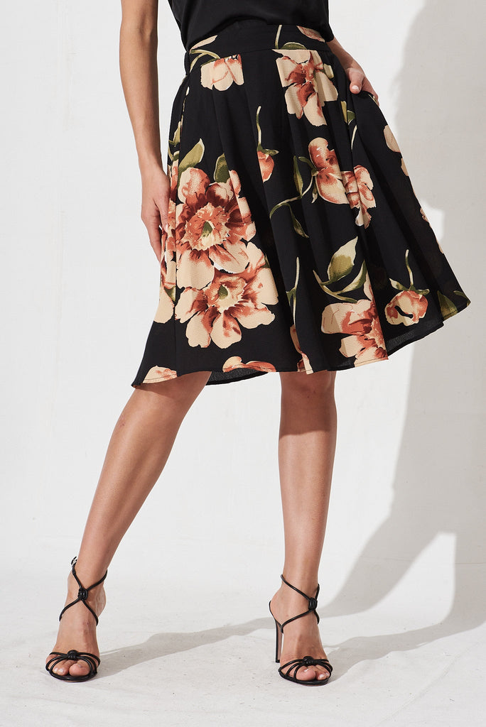 Babe Skirt In Black With Blush Floral Bubble Crepe - front