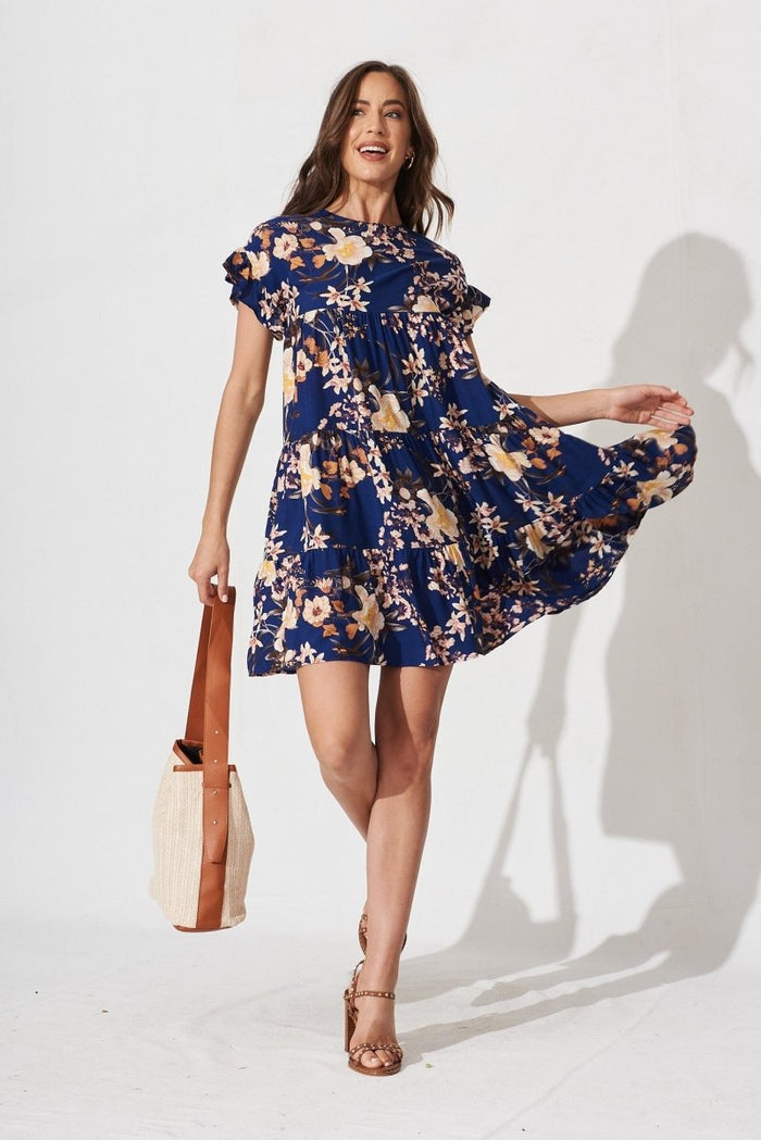 Chiswick Smock Dress In Blue With Blush Floral - St Frock (Dev)