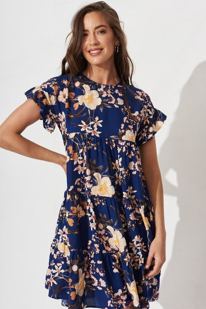 Chiswick Smock Dress In Blue With Blush Floral - St Frock (Dev)