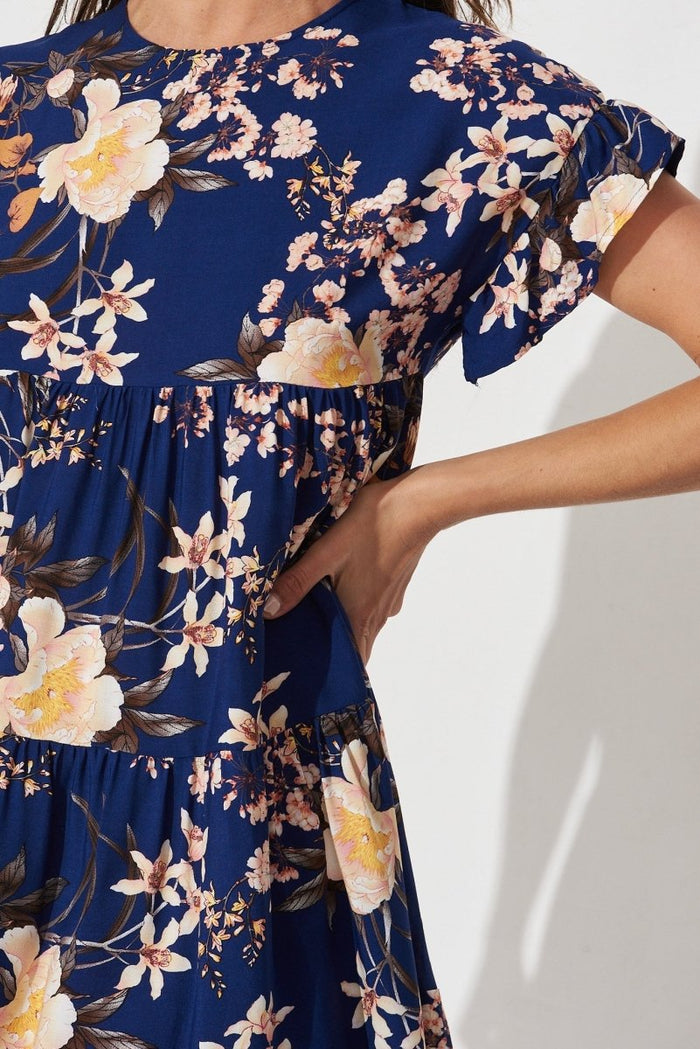 Chiswick Smock Dress In Blue With Blush Floral - St Frock (Dev)