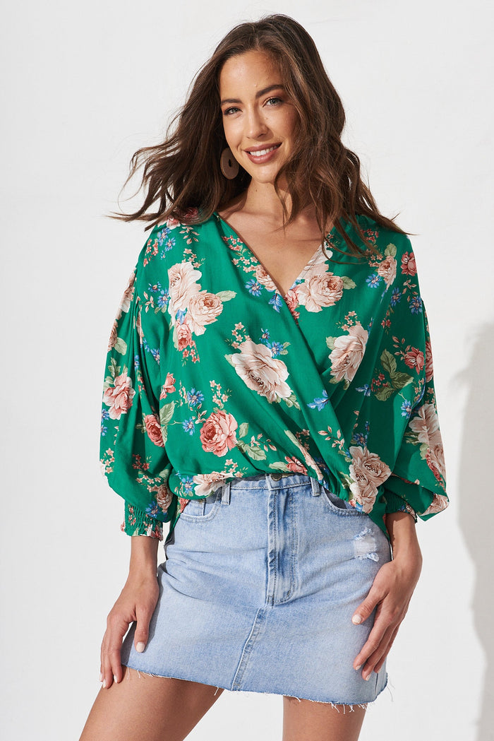 Soleen Top In Green With Beige Floral - front