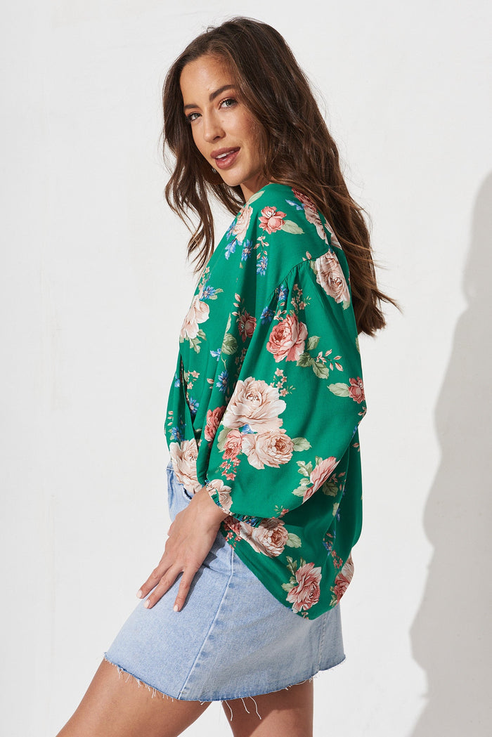 Soleen Top In Green With Beige Floral - side
