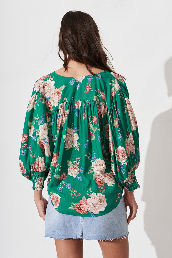 Soleen Top In Green With Beige Floral - back