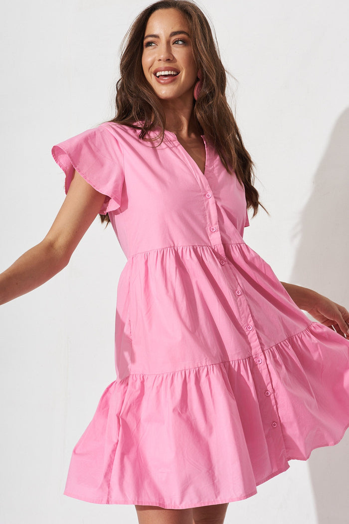 Shazia Shirt Dress In Candy Pink Cotton - front