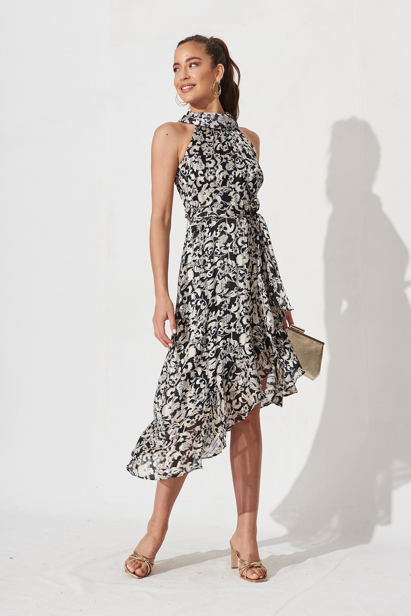 Zarba Halter Midi Dress In Black With White Chiffon - full length
