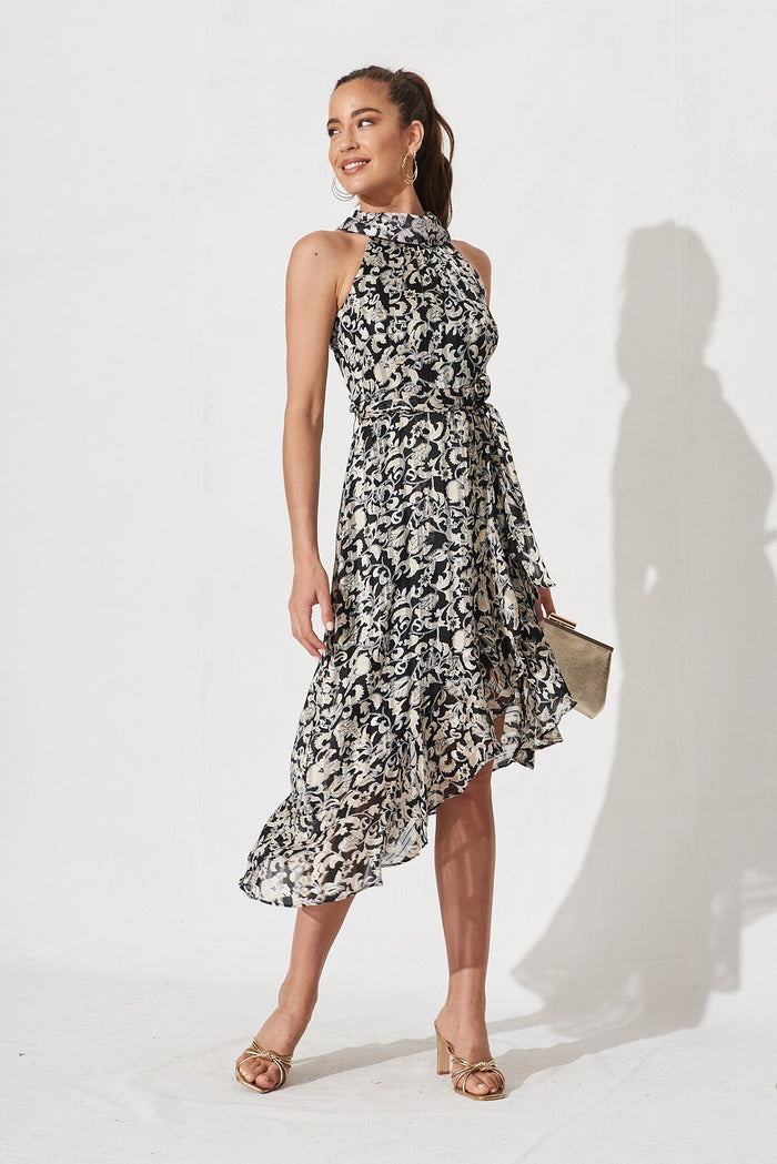 Zarba Halter Midi Dress In Black With White Chiffon - full length