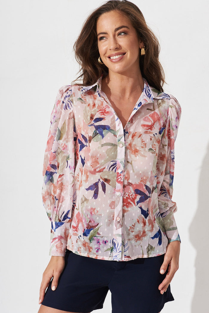 Orielle Top In Blush With Pink And Navy Floral Chiffon - front