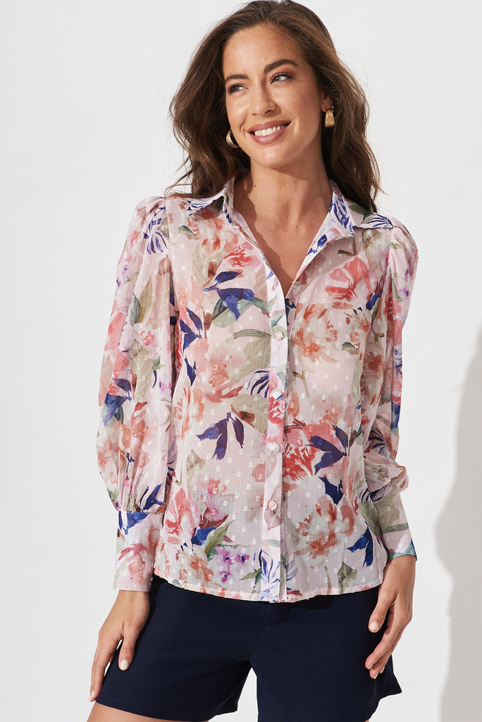 Orielle Top In Blush With Pink And Navy Floral Chiffon - front