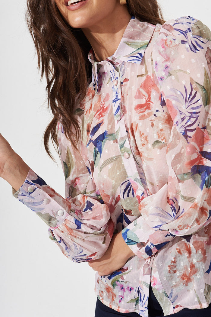 Orielle Top In Blush With Pink And Navy Floral Chiffon - detail