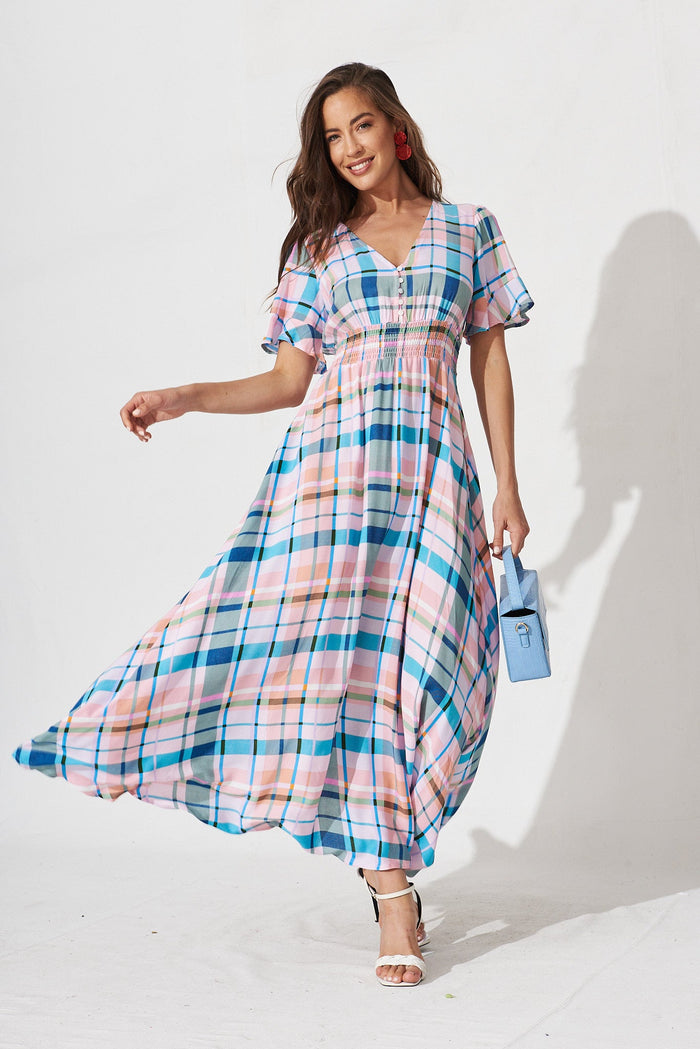 Meriah Maxi Dress In Blue And Orange Multi Check - full length