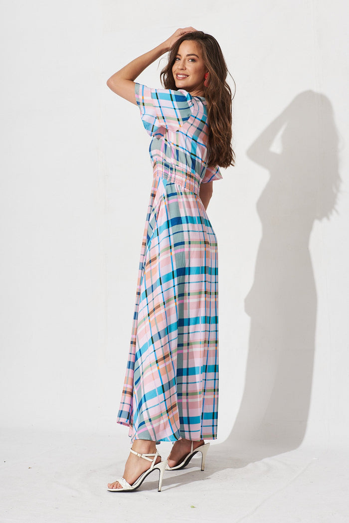 Meriah Maxi Dress In Blue And Orange Multi Check - side