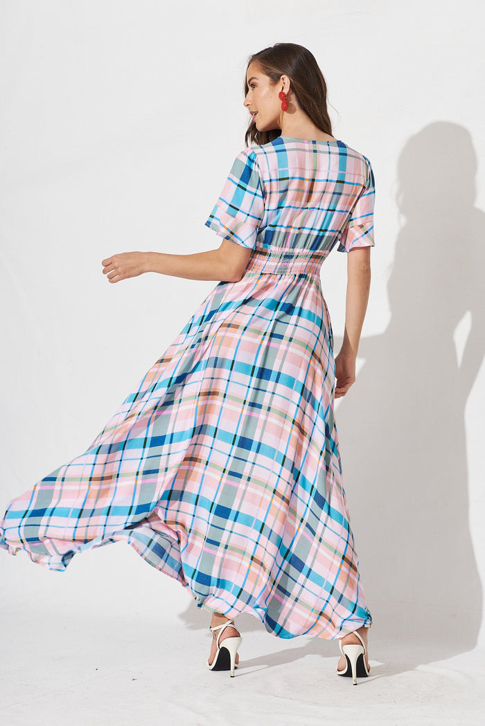 Meriah Maxi Dress In Blue And Orange Multi Check - back