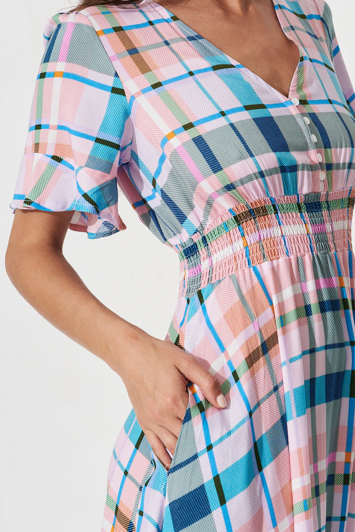 Meriah Maxi Dress In Blue And Orange Multi Check - detail