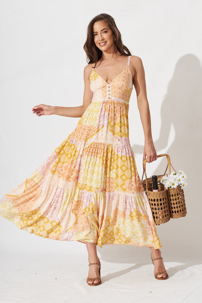 Delanie Maxi Dress In Orange With Yellow Multi - full length