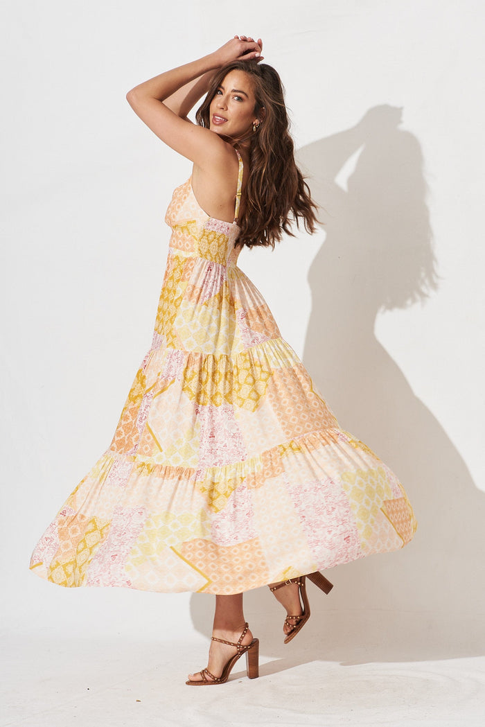 Delanie Maxi Dress In Orange With Yellow Multi - side
