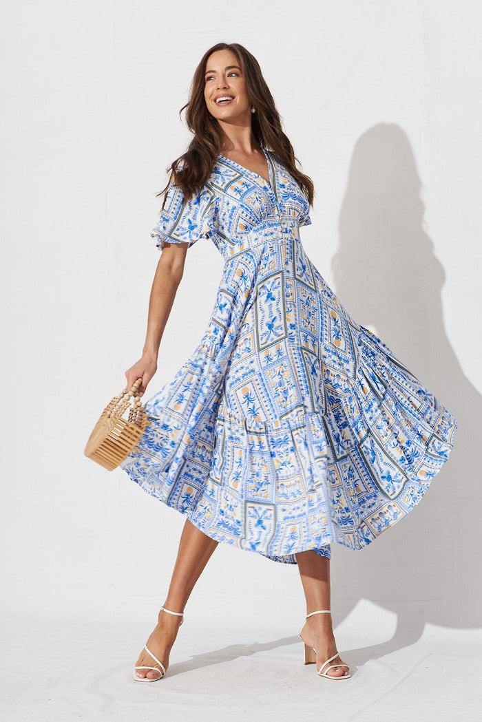 Riveira Dress In White With Blue Tile Print - full length