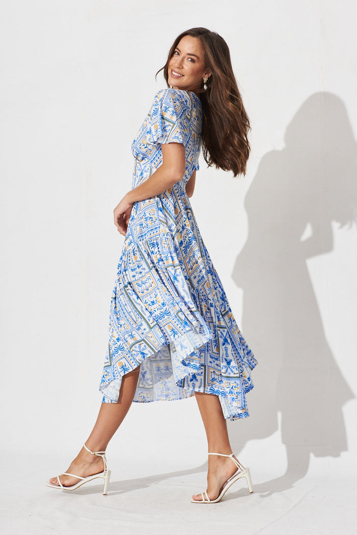 Riveira Dress In White With Blue Tile Print - side