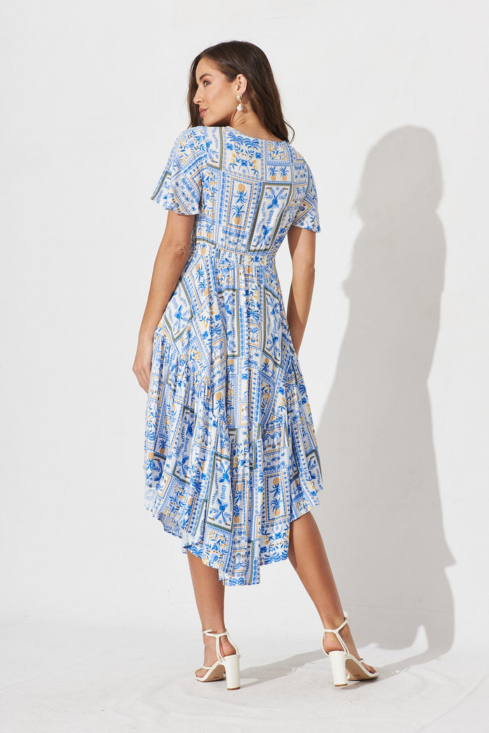 Riveira Dress In White With Blue Tile Print - back