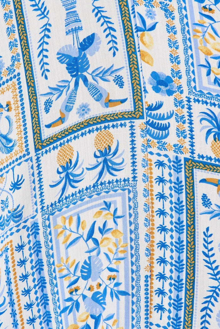 Riveira Dress In White With Blue Tile Print - fabric