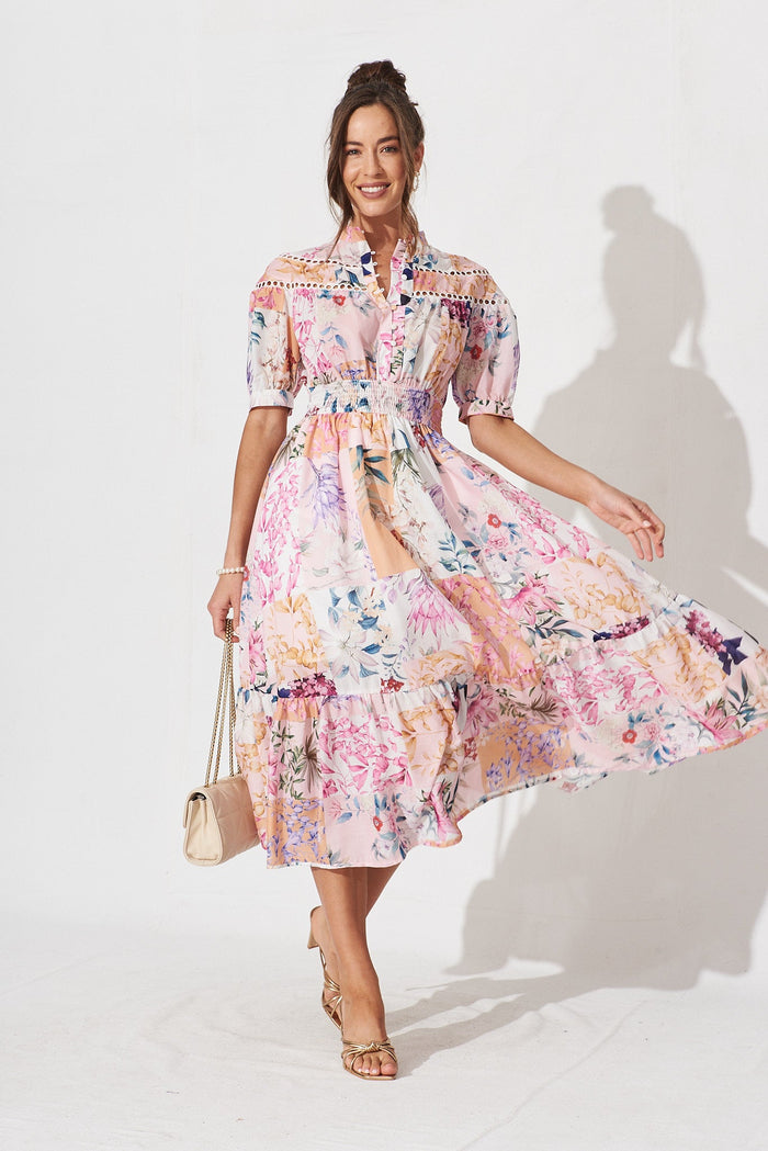 Lynette Midi Dress In Rust Patch Floral - full length