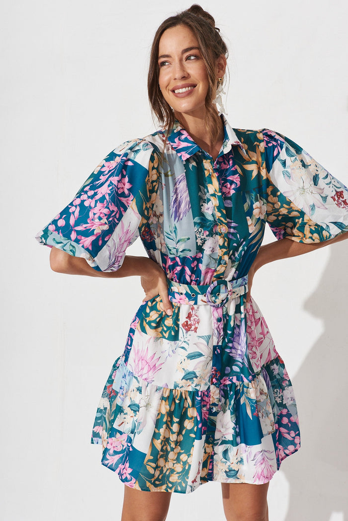 Courtney Shirt Dress In Dark Green Patch Floral - front
