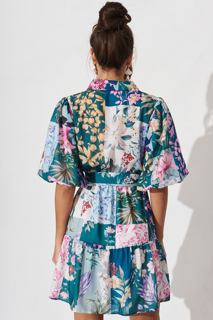 Courtney Shirt Dress In Dark Green Patch Floral - back