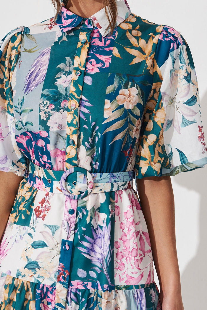 Courtney Shirt Dress In Dark Green Patch Floral - detail