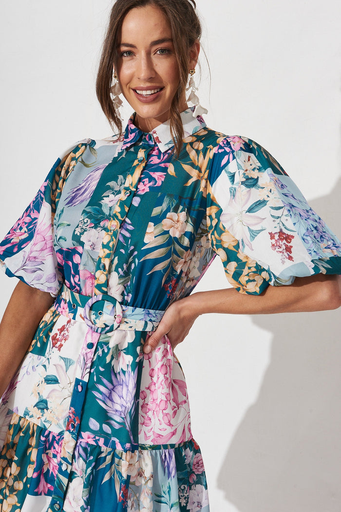 Courtney Shirt Dress In Dark Green Patch Floral - detail