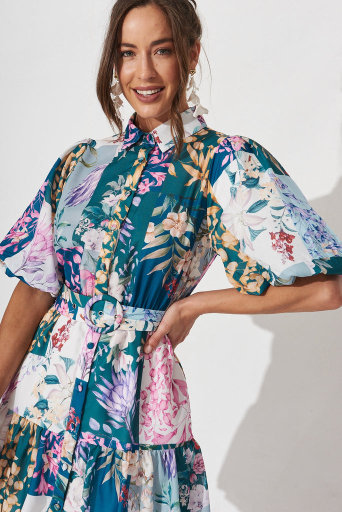 Courtney Shirt Dress In Dark Green Patch Floral - detail