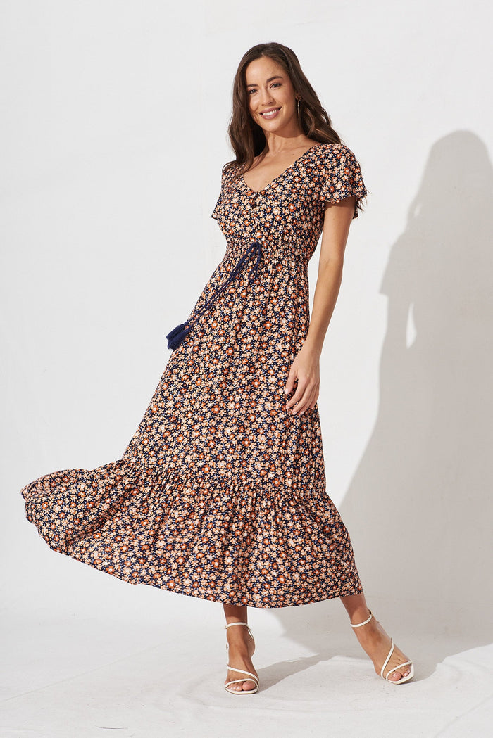 Raelynn Maxi Dress In Navy With Orange Ditsy Floral - full length