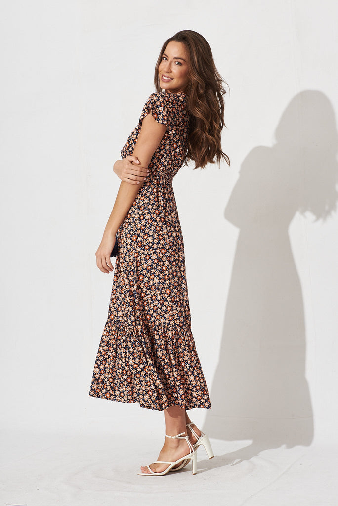 Raelynn Maxi Dress In Navy With Orange Ditsy Floral - side