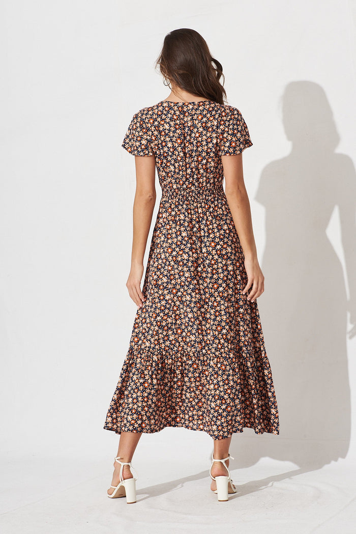 Raelynn Maxi Dress In Navy With Orange Ditsy Floral - back
