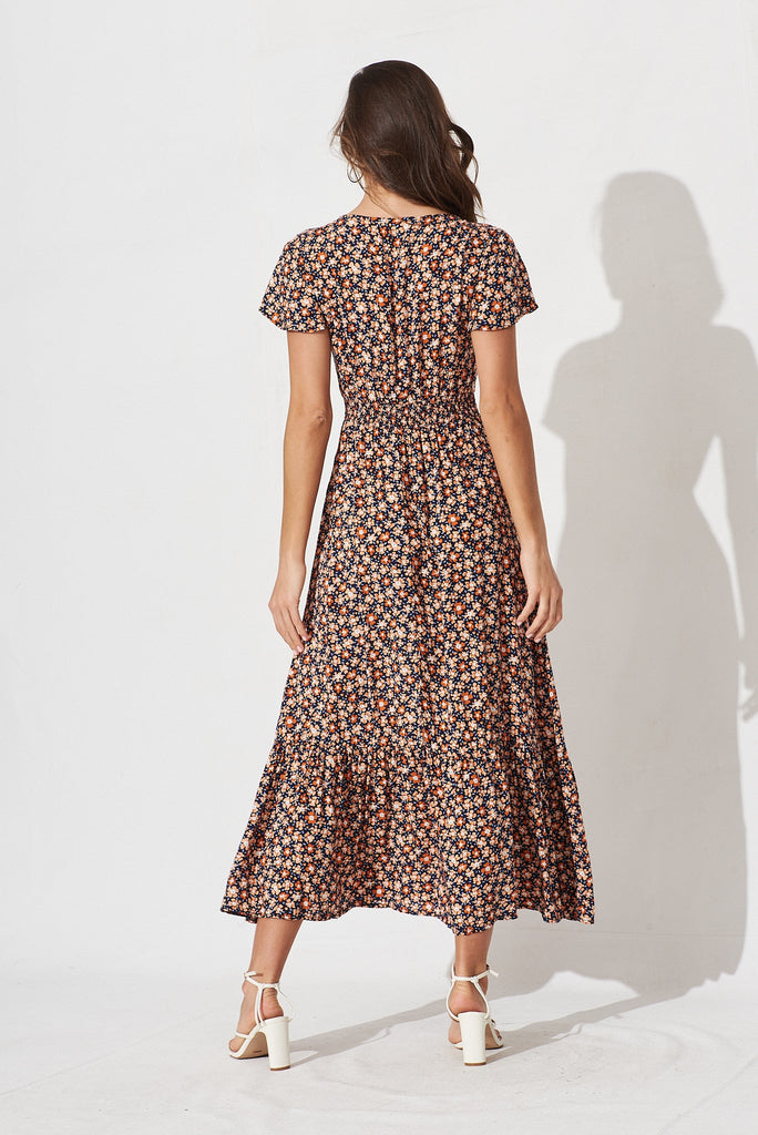 Raelynn Maxi Dress In Navy With Orange Ditsy Floral - back
