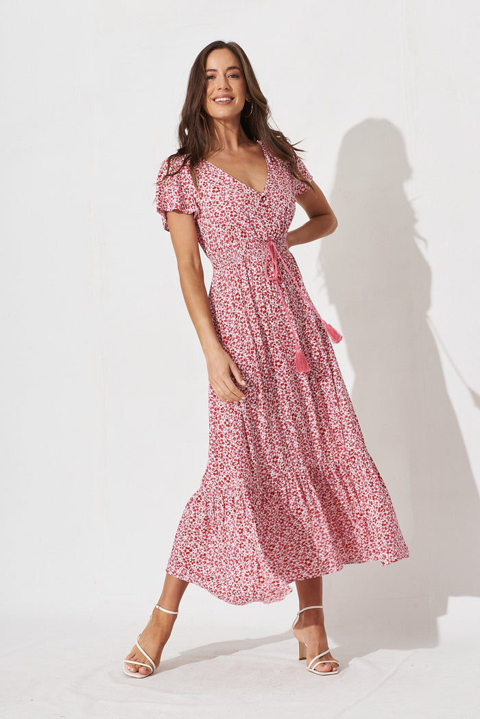 Raelynn Maxi Dress In Cream With Red Ditsy Print - full length