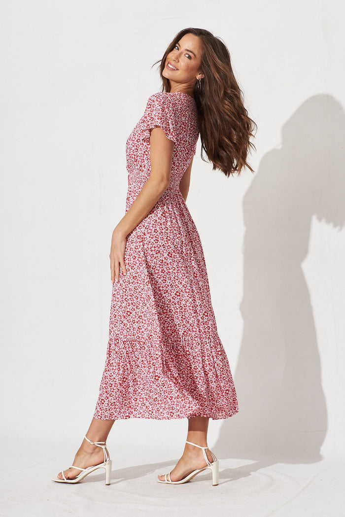 Raelynn Maxi Dress In Cream With Red Ditsy Print - side