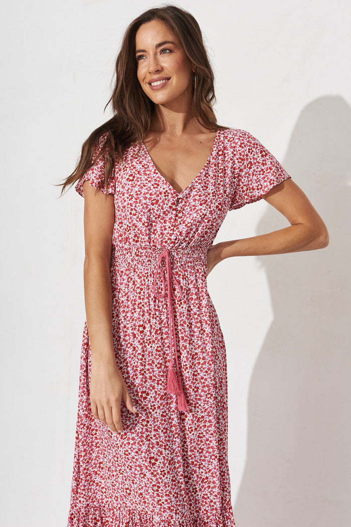 Raelynn Maxi Dress In Cream With Red Ditsy Print - front
