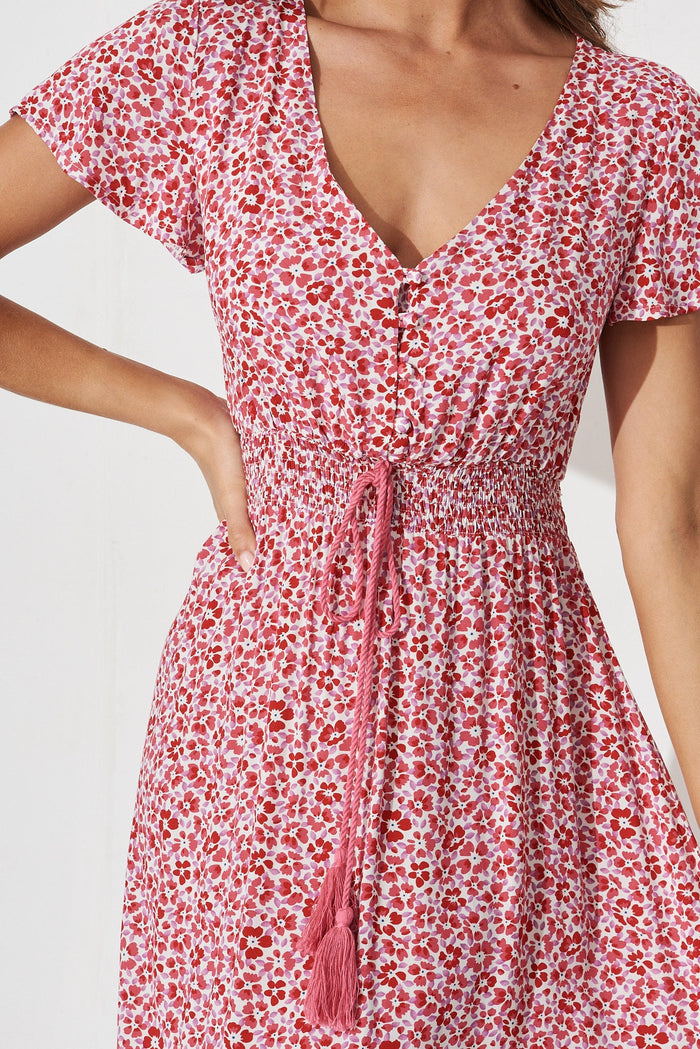Raelynn Maxi Dress In Cream With Red Ditsy Print - detail