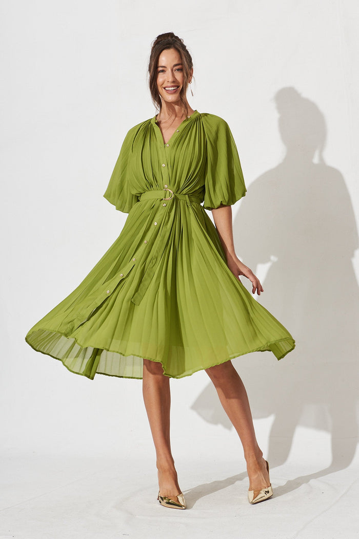 Keshi Pleated Midi Shirt Dress In Green - full length
