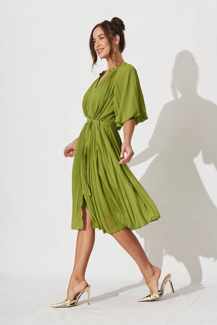 Keshi Pleated Midi Shirt Dress In Green - side
