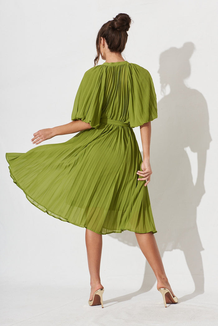 Keshi Pleated Midi Shirt Dress In Green - back