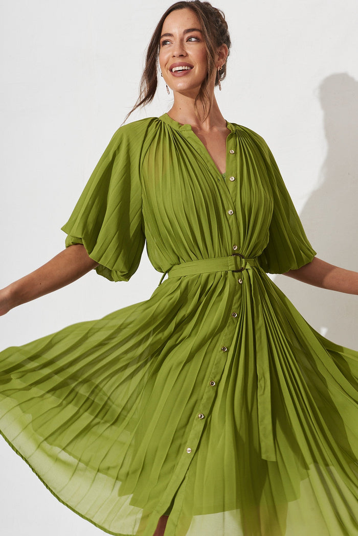 Keshi Pleated Midi Shirt Dress In Green - front