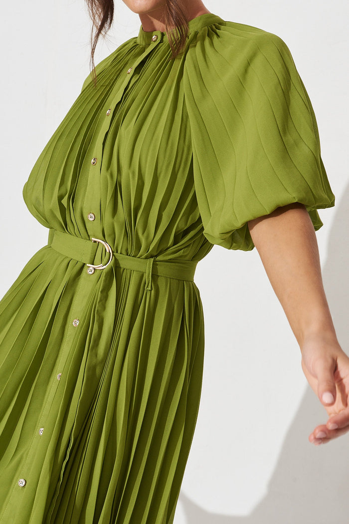 Keshi Pleated Midi Shirt Dress In Green - detail