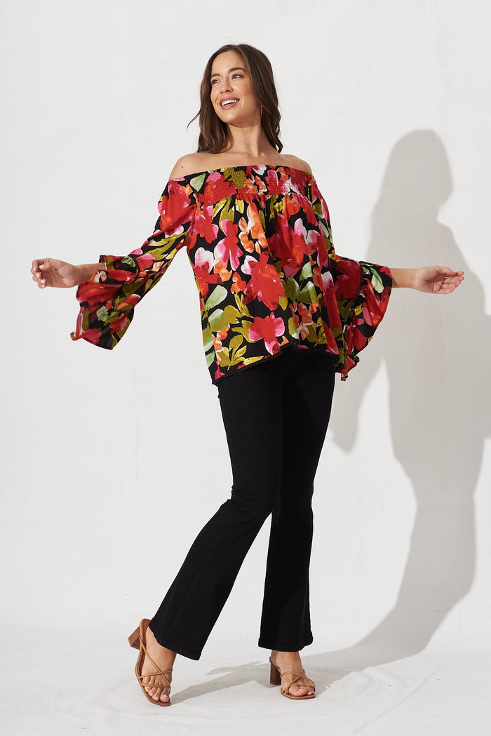 Ezekiel Blouse In Black With Multi Floral - full length